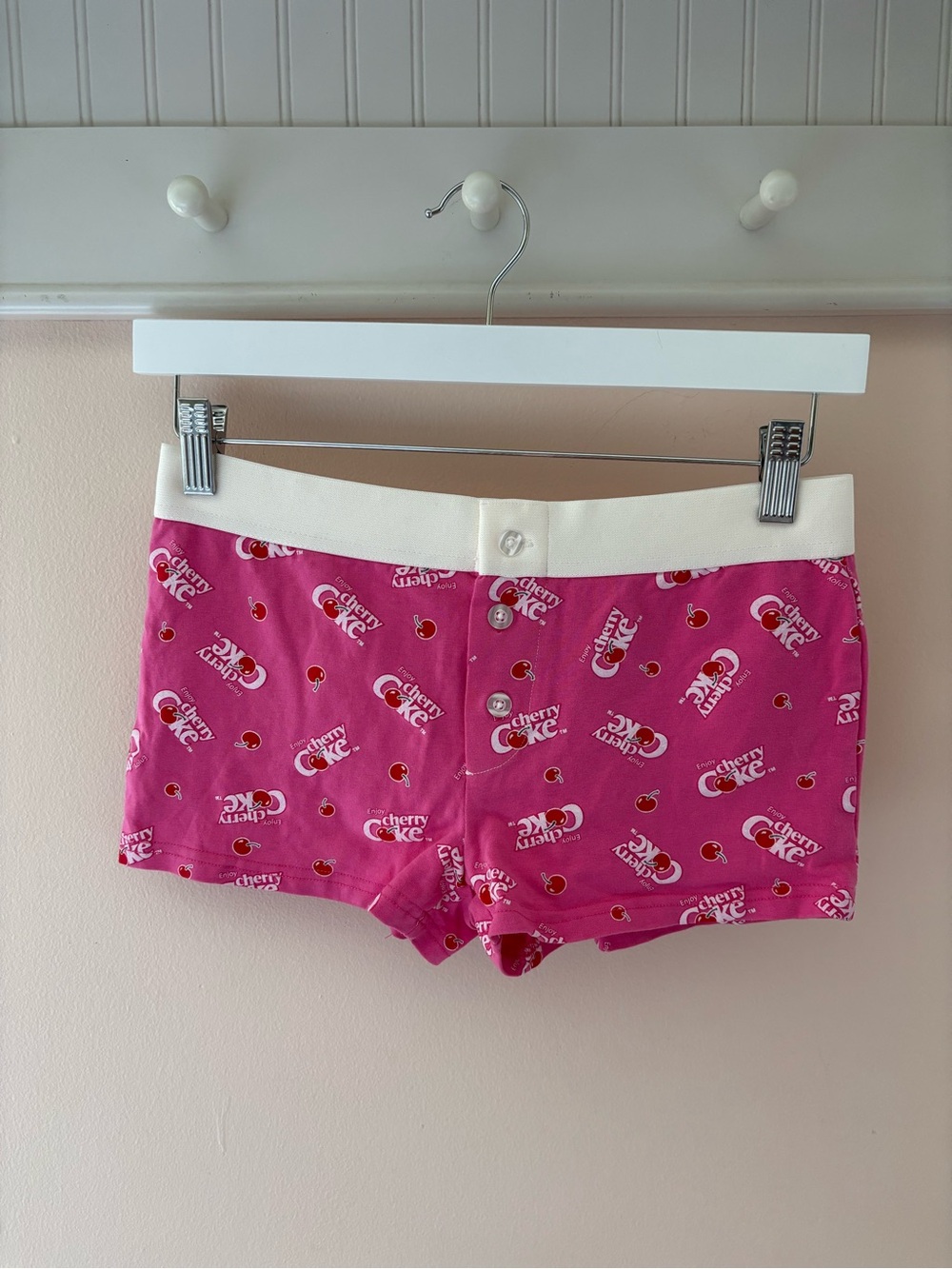 Pink Cherry Coke Print Cotton Sleep Shorts with Cream Waistband